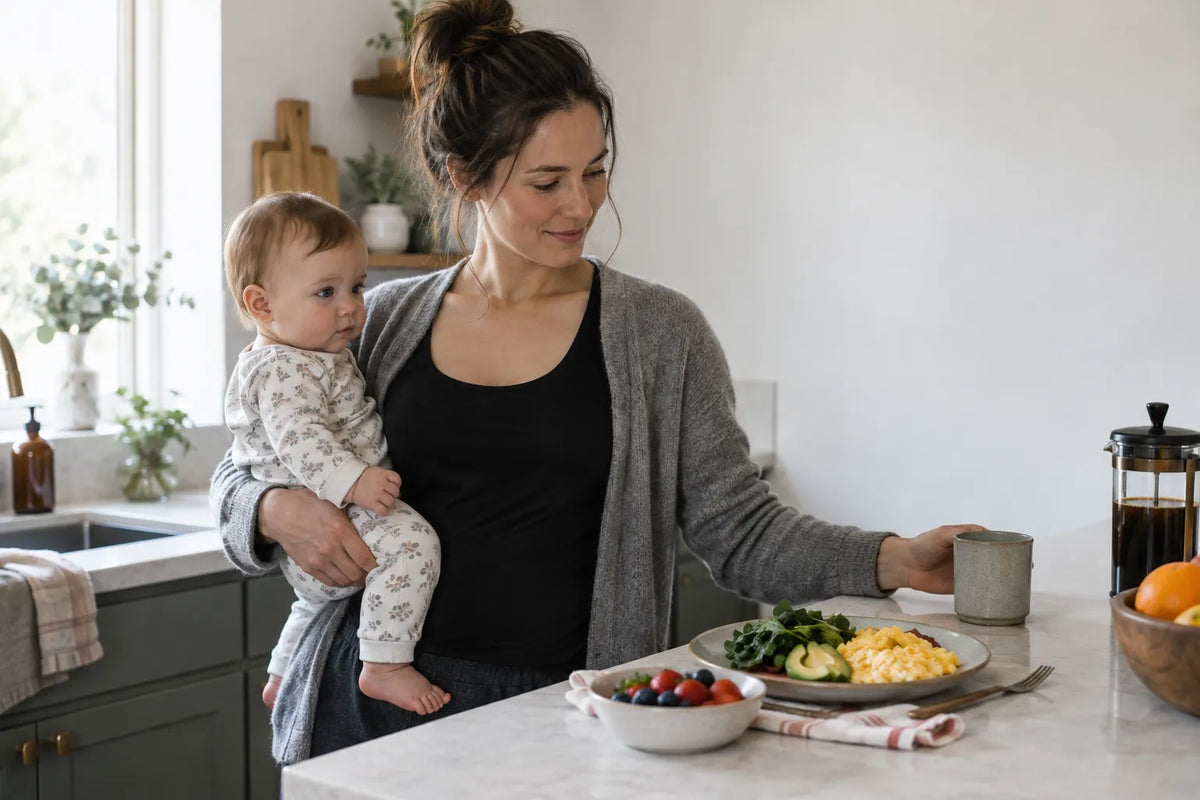 New mother in a bright kitchen, balancing hormones after pregnancy with food and rest