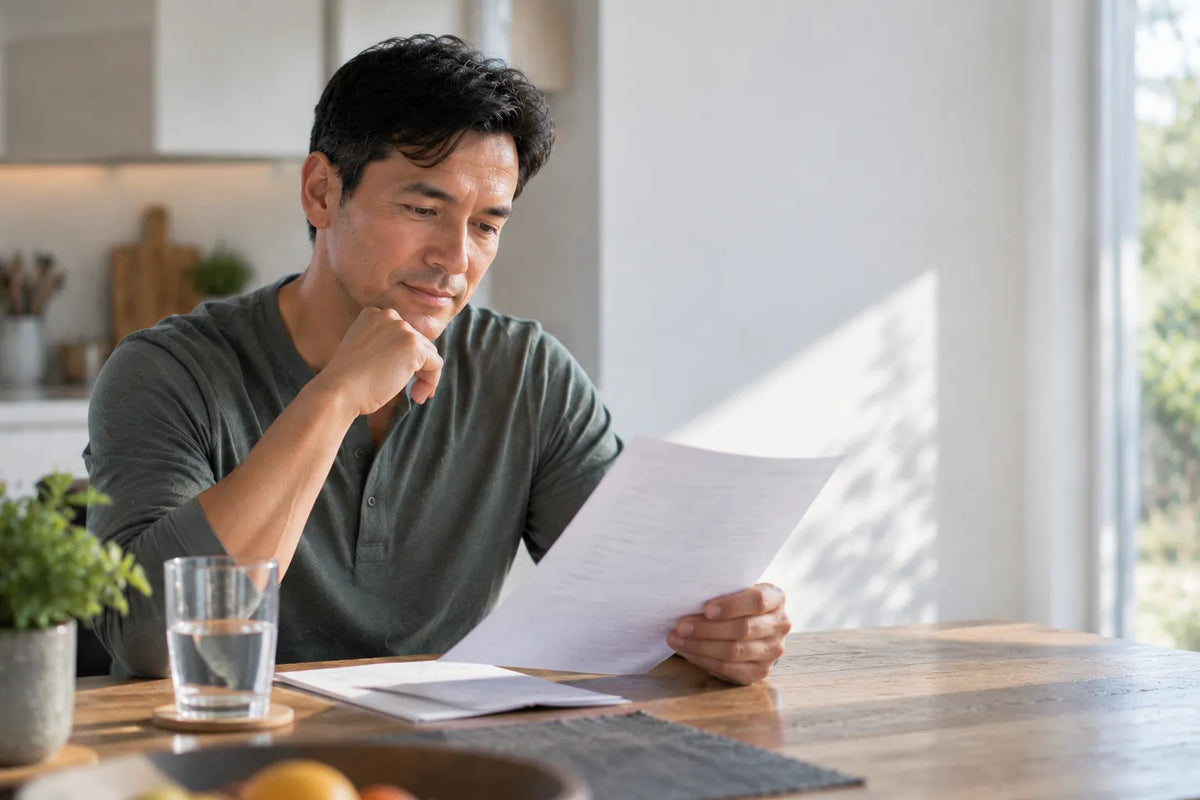 Man reviewing testosterone lab results at kitchen table in morning light