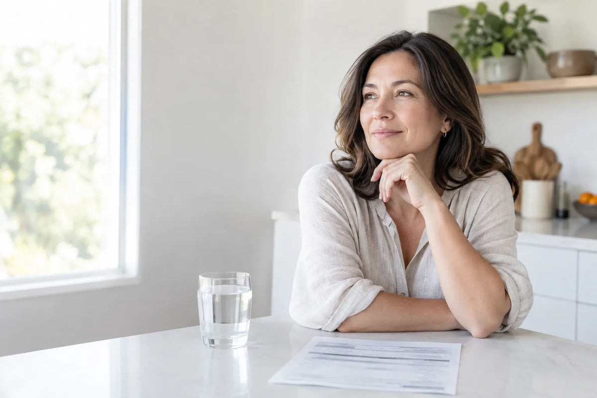 Woman reviewing a hormone test lab order at her kitchen counter