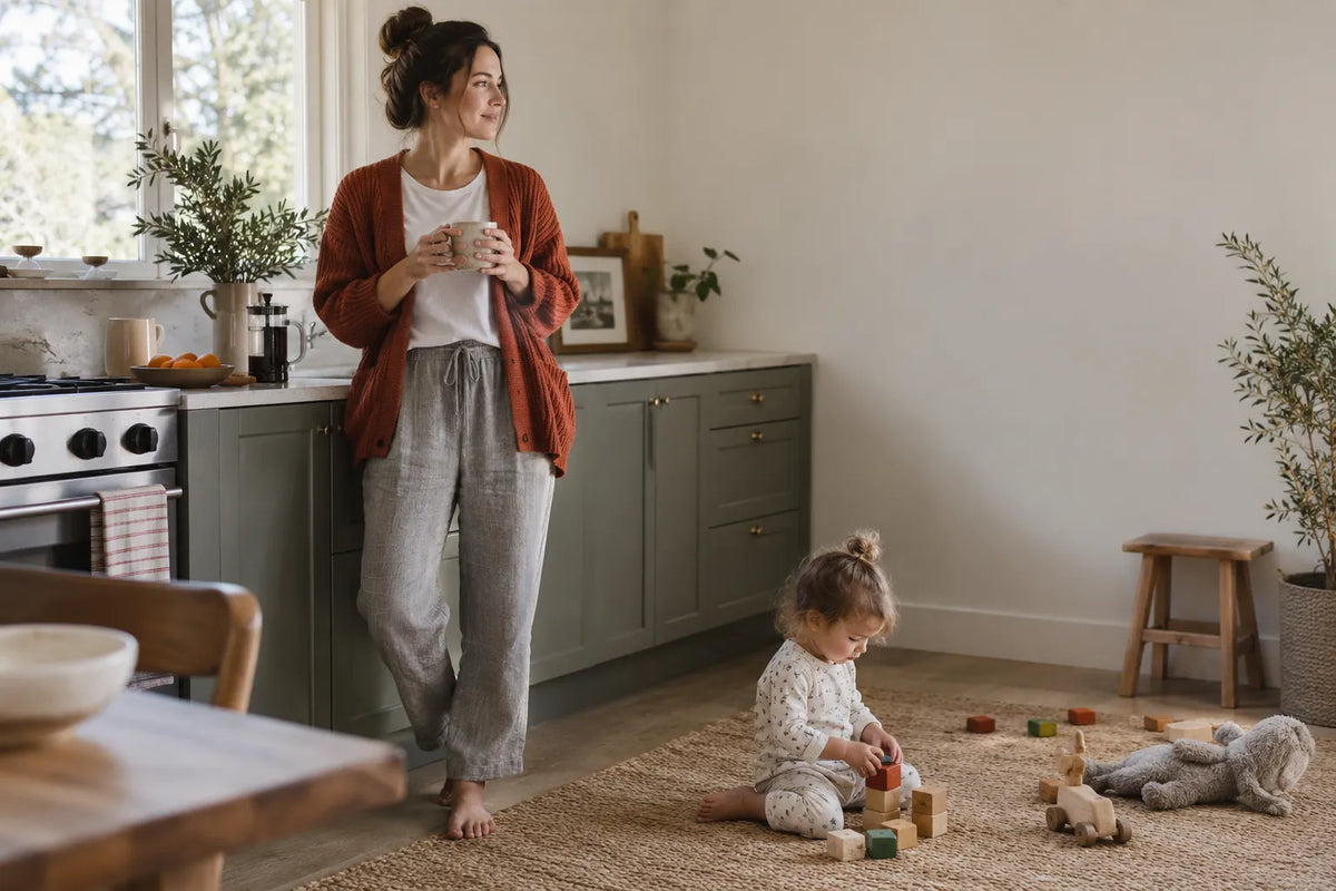 Mother with toddler in bright kitchen, hormones 2 years after pregnancy