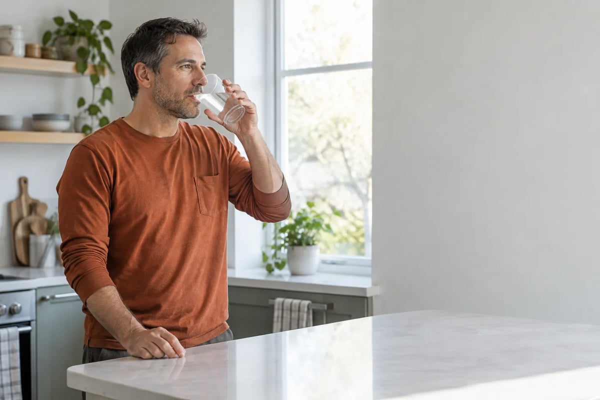 Man drinking water in morning light while preparing for a testosterone test