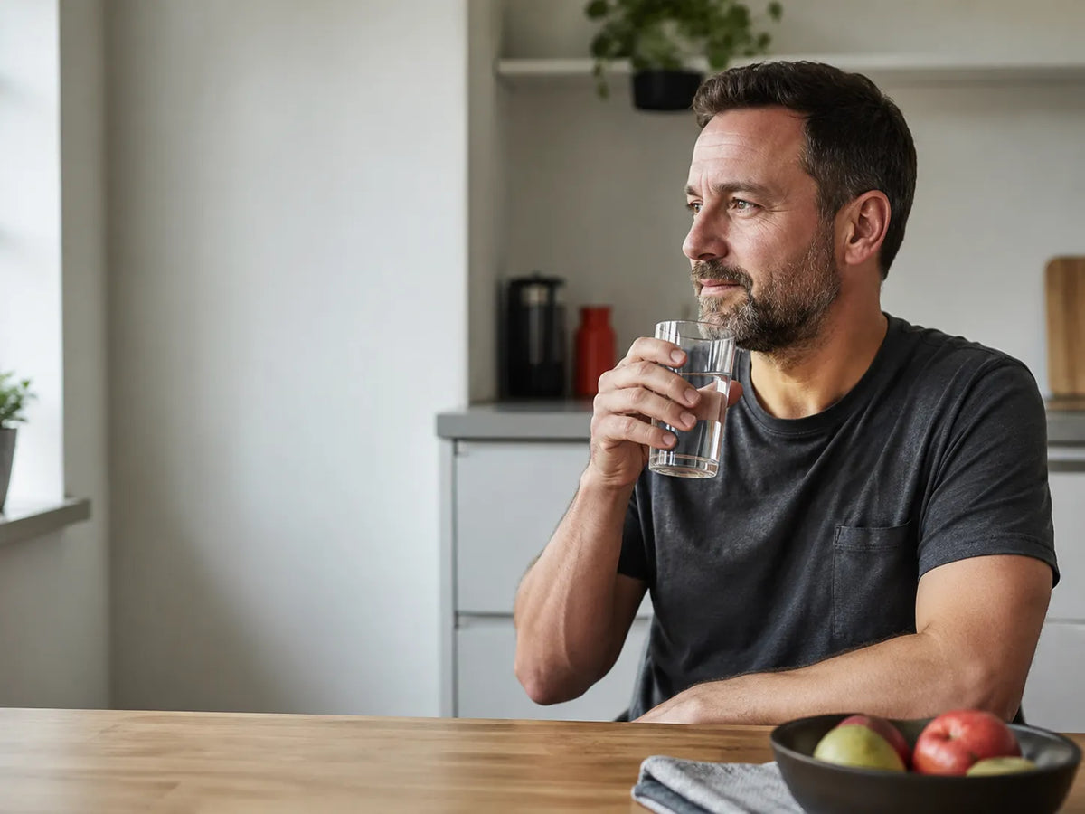 Man fasting before morning TRT blood test draw at kitchen table
