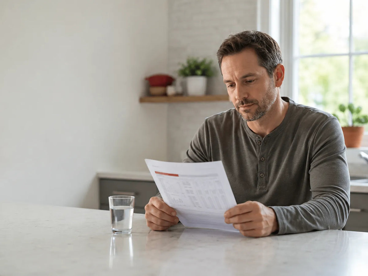 Man reviewing liver and kidney lab results at kitchen counter in morning light