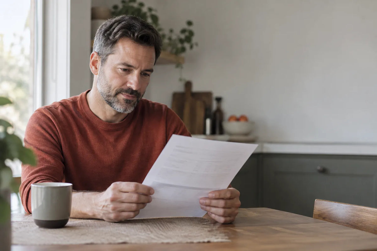 Man reading a testosterone lab report at a kitchen table in morning light