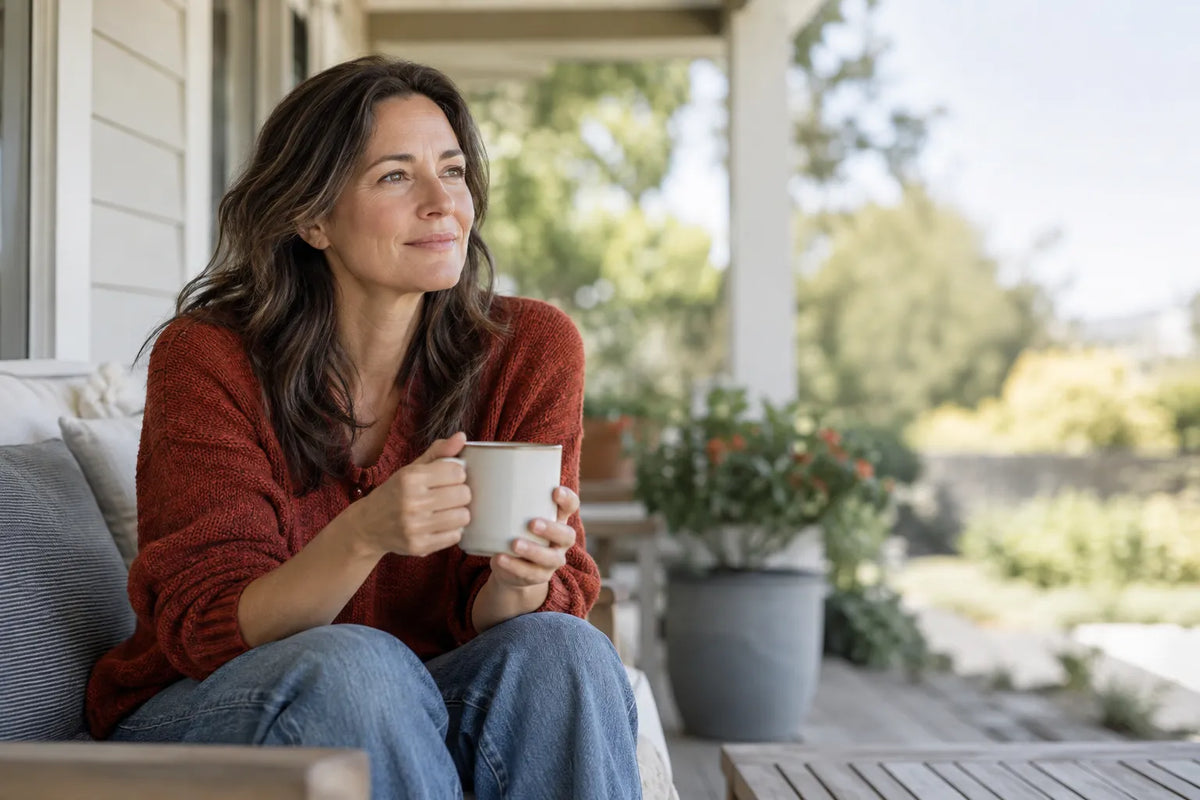 Woman in her 40s on a sunlit porch after hysterectomy recovery