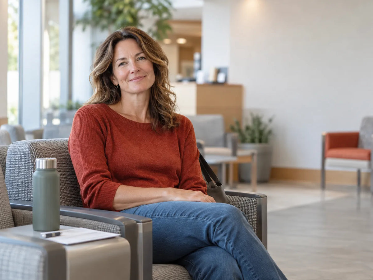 Woman in a waiting area before an HRT blood test appointment