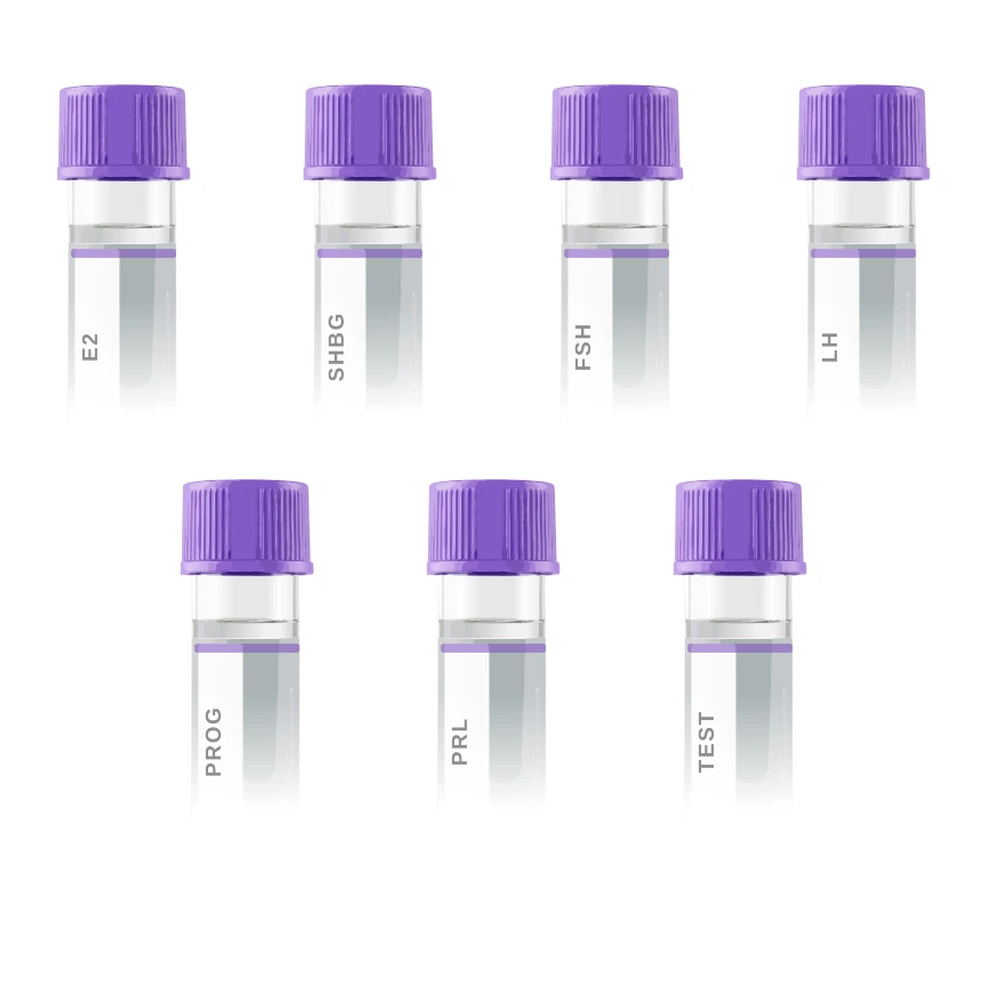 Female Hormone Markers panel — E2, SHBG, FSH, LH, PROG, PRL, TEST blood test vials