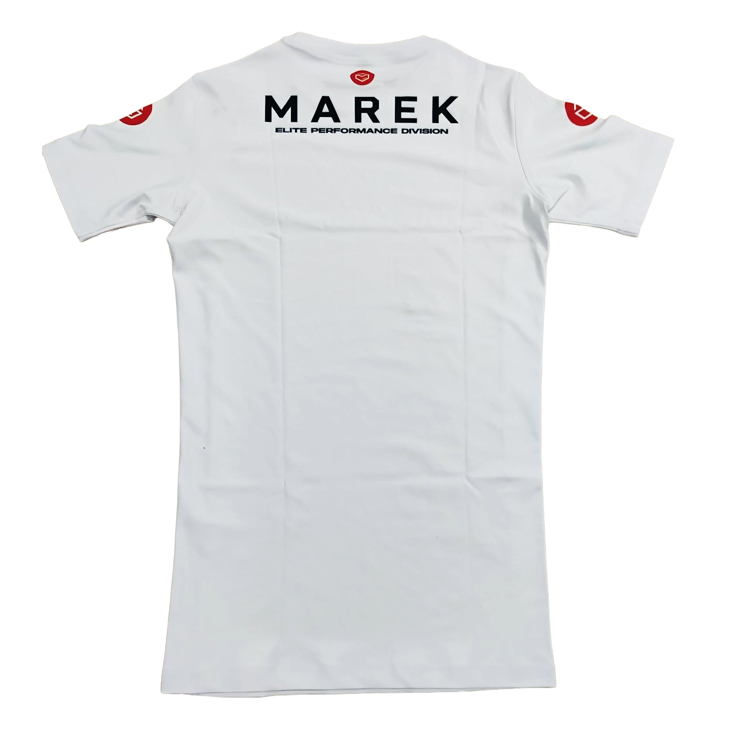 White short-sleeve athletic jersey shown from the back, featuring 'MAREK' in black text with a small red crest above it, and smaller black text reading 'ELITE PERFORMANCE DIVISION' below. Red crest logos are visible on both shoulders.