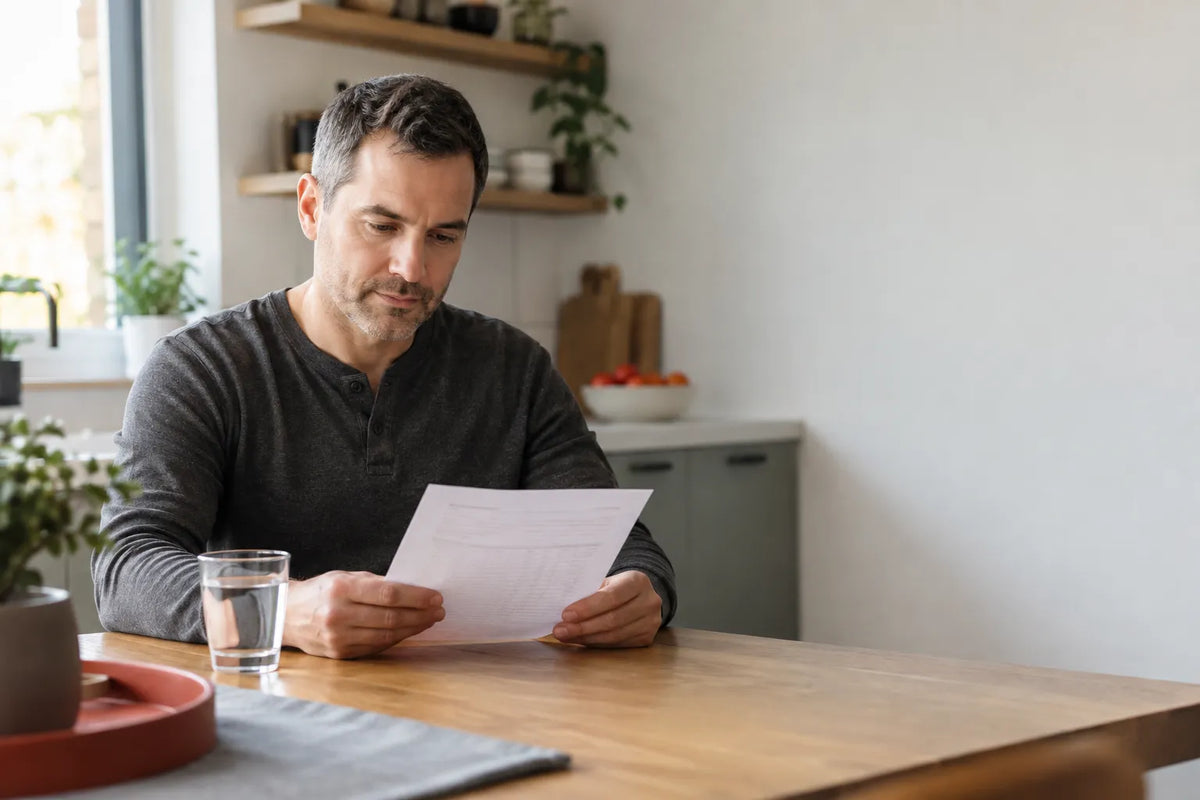 Man in his 40s reading a testosterone lab report in bright morning light