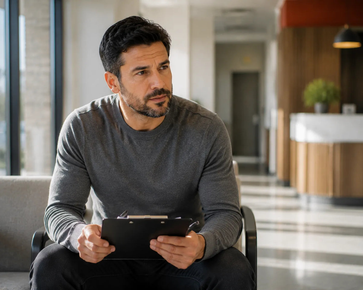 Man reviewing health paperwork in a bright medical waiting room
