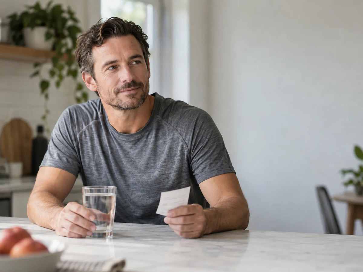 Man preparing for a blood test at kitchen counter with water in morning light