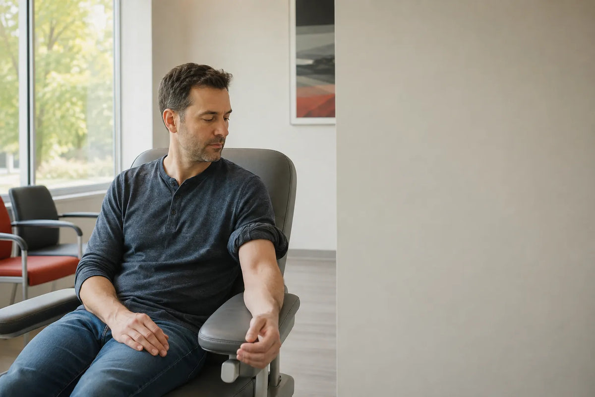 Man preparing for a testosterone blood test at a morning lab draw