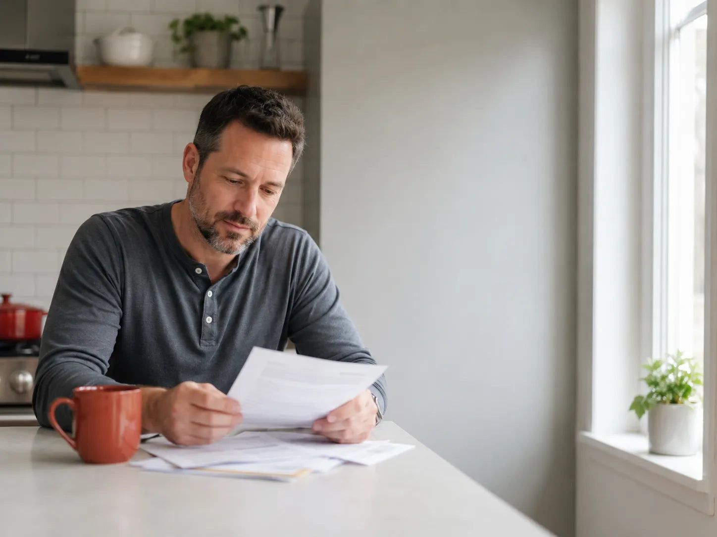 Man reviewing hormone panel lab results at kitchen counter in morning light