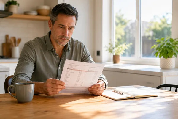 Man reviewing hormone test results at a sunlit table