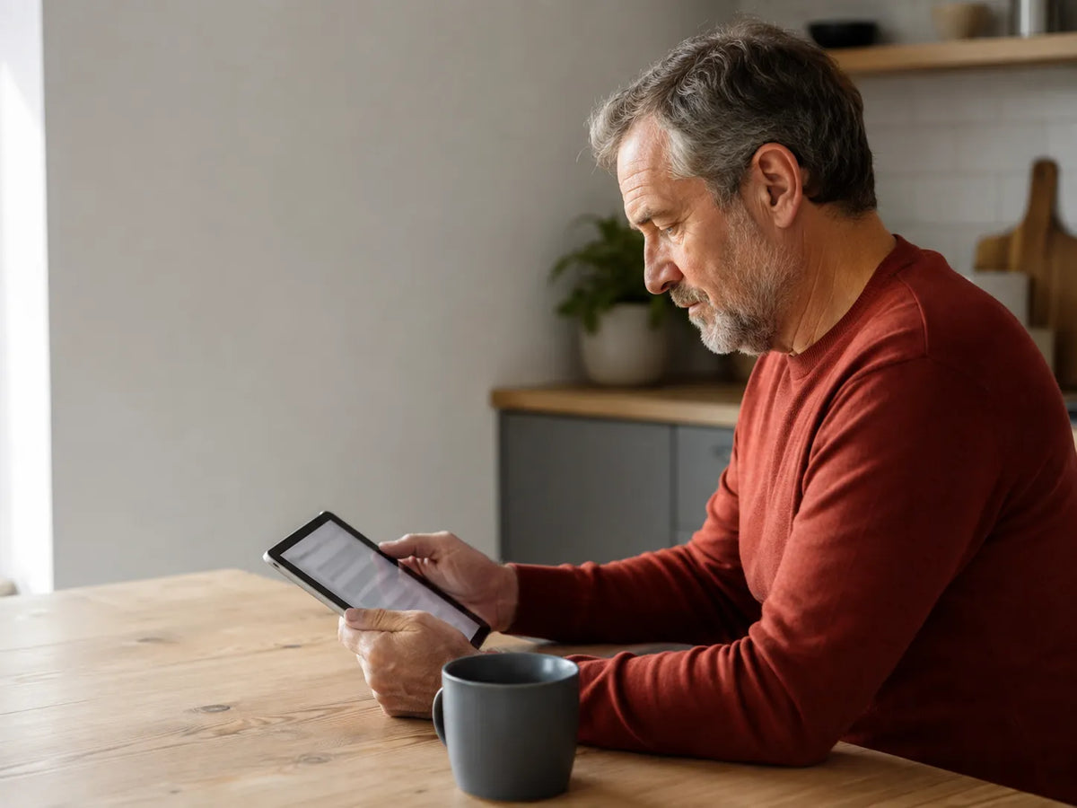 Man reviewing PSA lab results at kitchen table in morning light