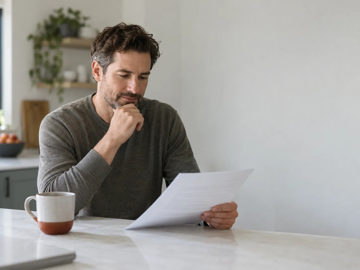 Man reviewing testosterone test results at kitchen table