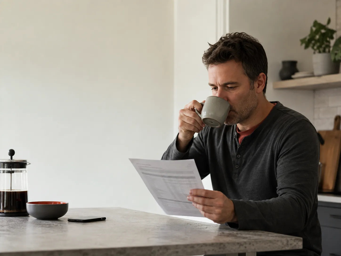 Man reviewing thyroid lab results at kitchen table in morning light