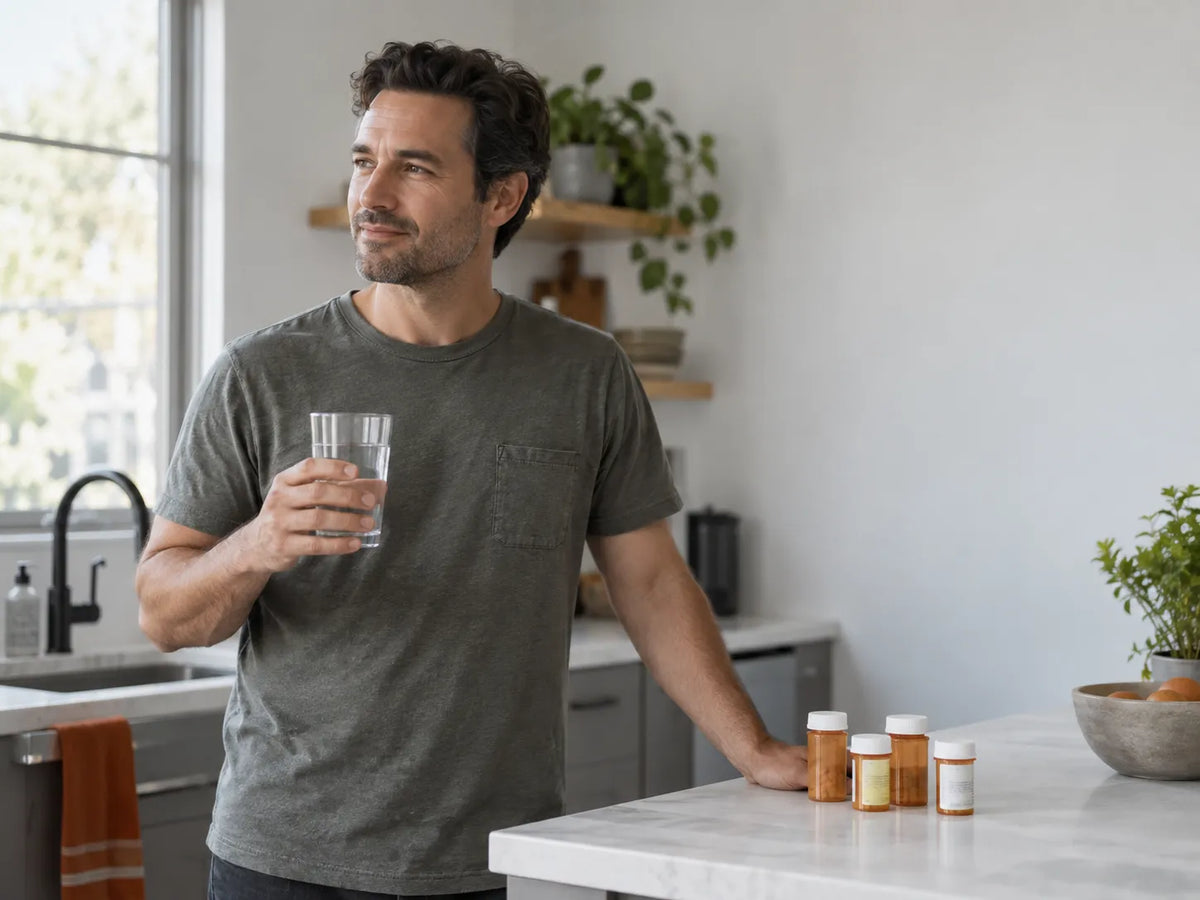 Man reviewing medications before a hormone blood test