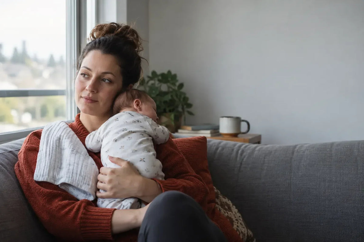 New mother holding her baby by a window, easing postpartum hormone imbalance symptoms.