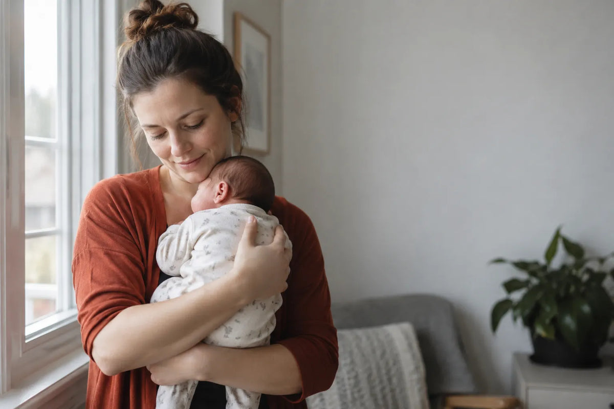 New mother holding newborn in bright daylight, postpartum hormone changes