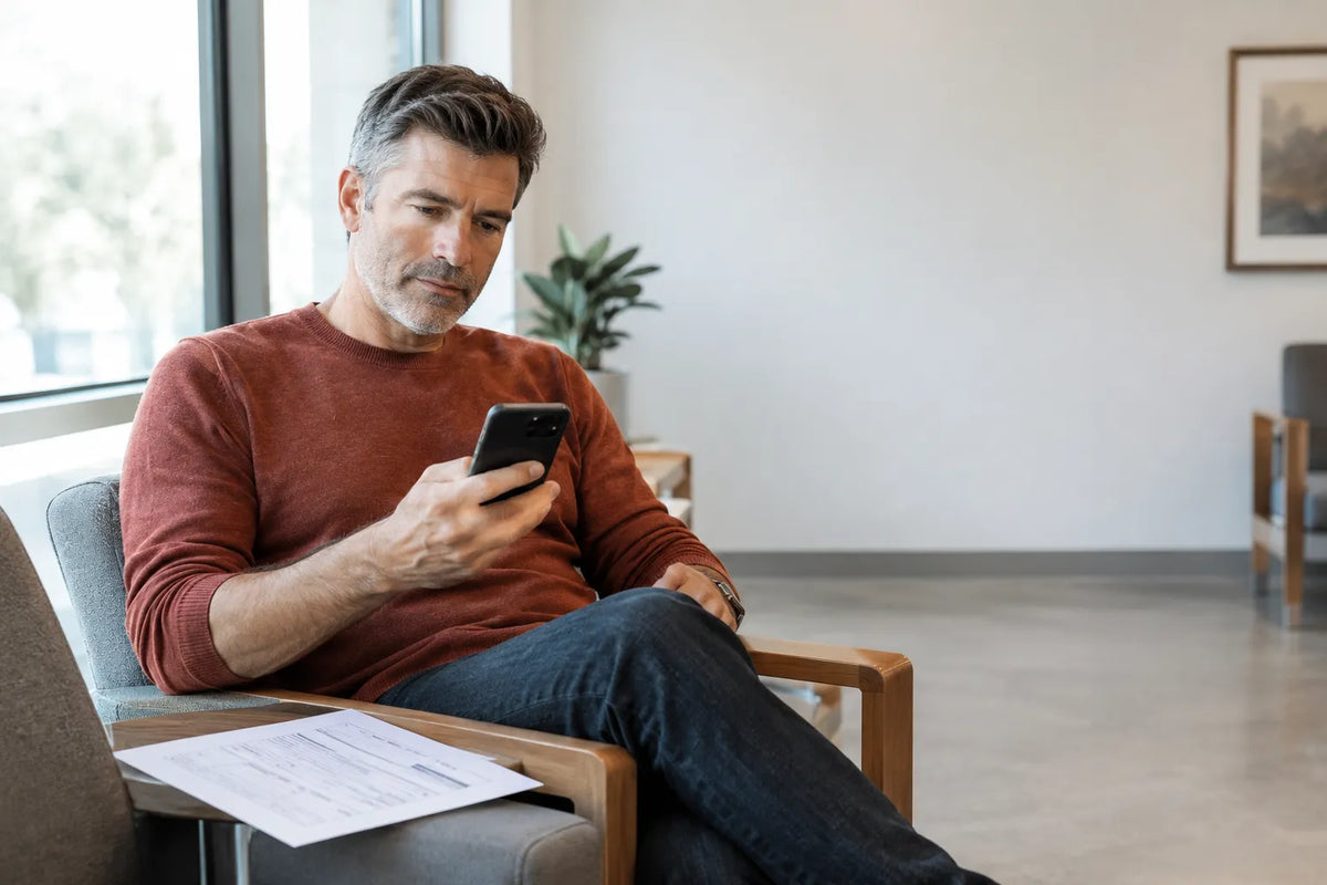 Man reviewing pre-TRT lab requisition in clinic waiting area