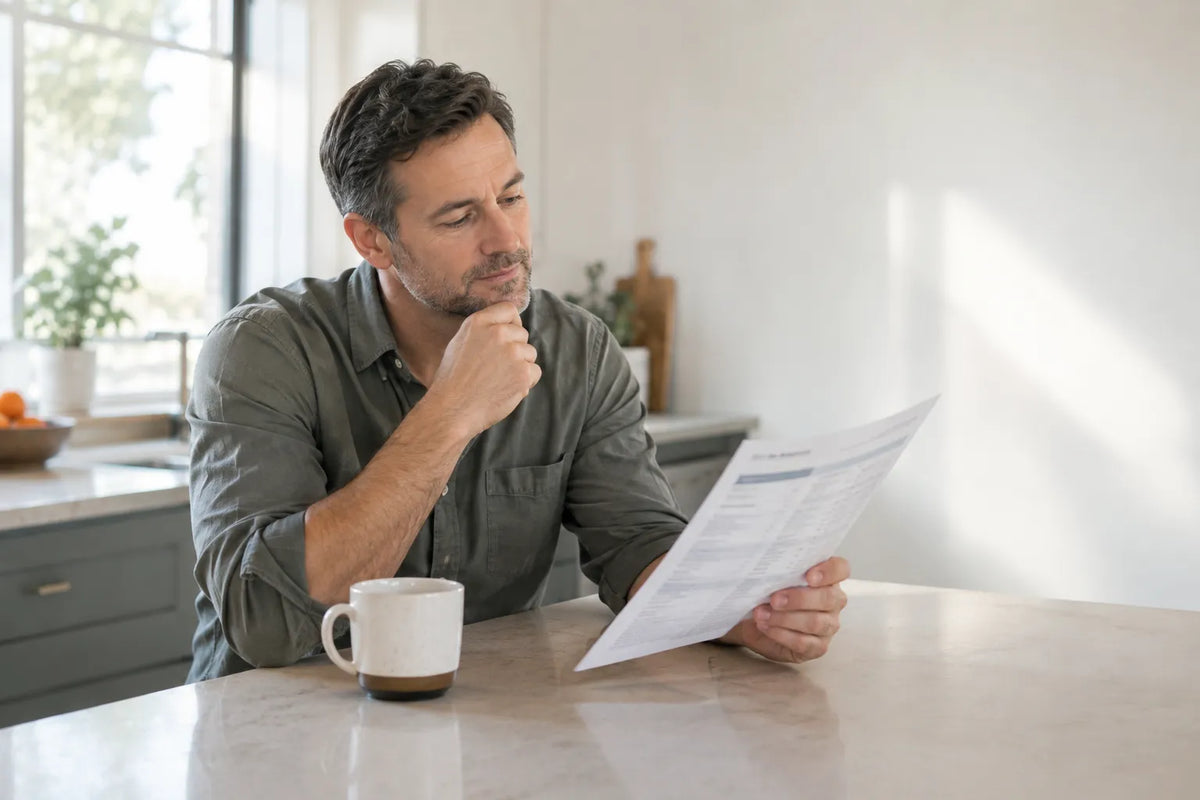 Man reviewing testosterone lab results at kitchen counter morning light