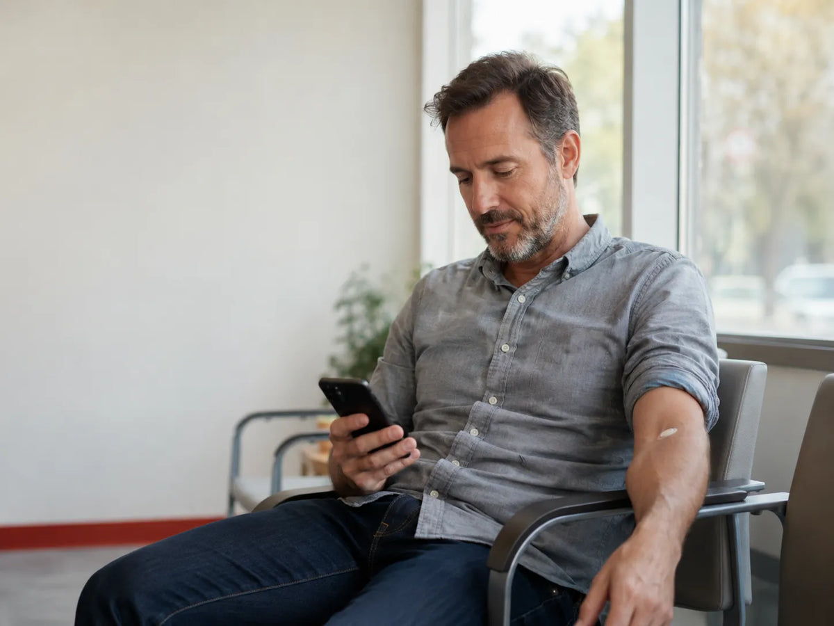 Man waiting for TRT blood test appointment in bright lab waiting area