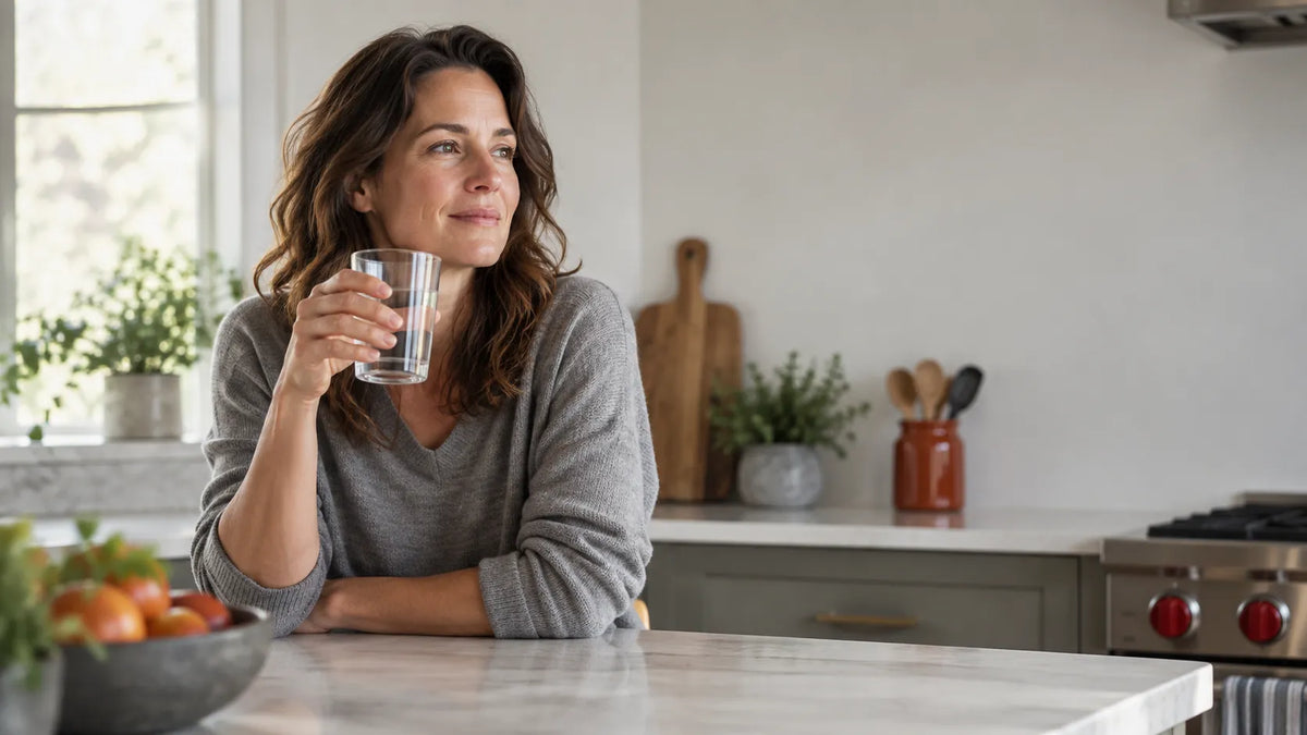 Woman at kitchen counter considering hormone tests after 40