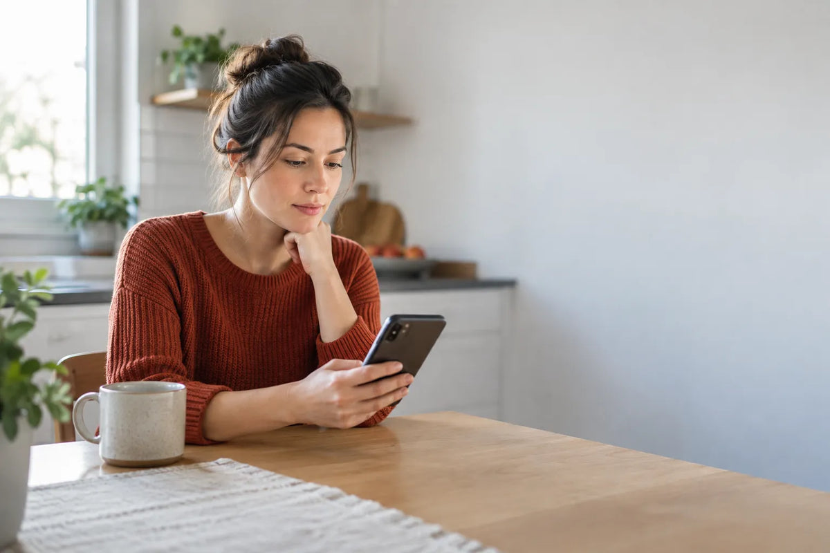 Woman reviewing DHEA-S lab results on phone at kitchen table