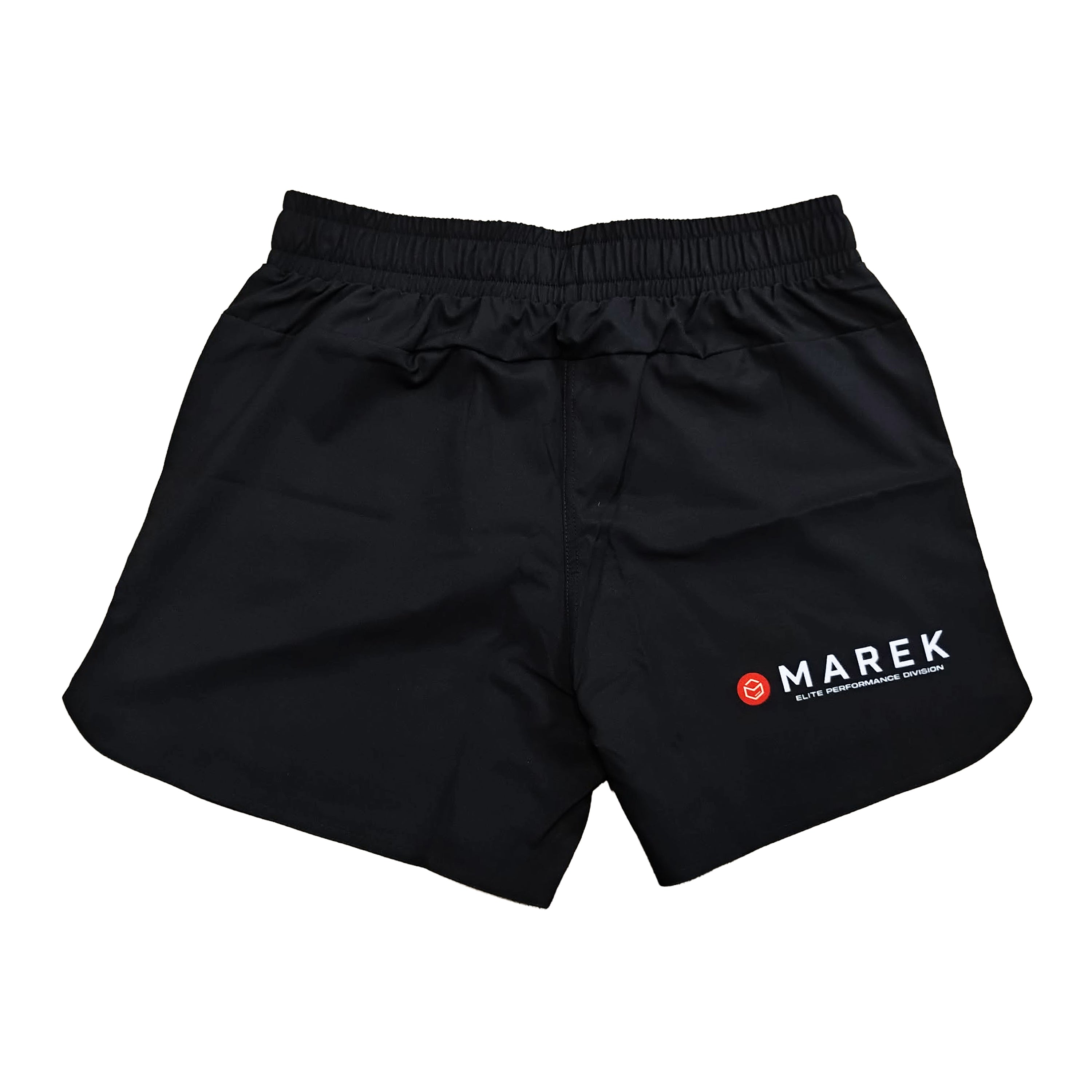 Black athletic shorts with an elastic waistband and a white 'MAREK' logo with a red circular icon on the lower left leg, shown against a plain white background.