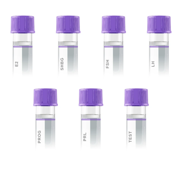 Female Hormone Markers panel — E2, SHBG, FSH, LH, PROG, PRL, TEST blood test vials