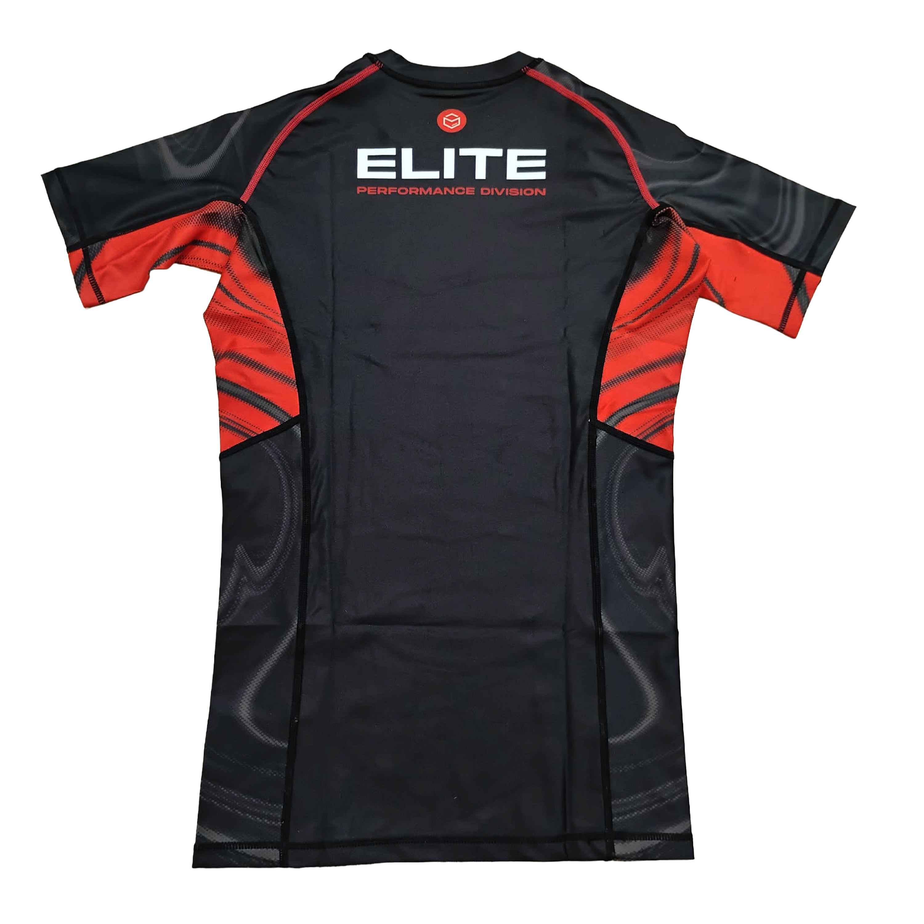 A black short-sleeve athletic compression shirt with red and black patterned side panels and shoulder straps, featuring 'ELITE PERFORMANCE DIVISION' printed in white on the chest.