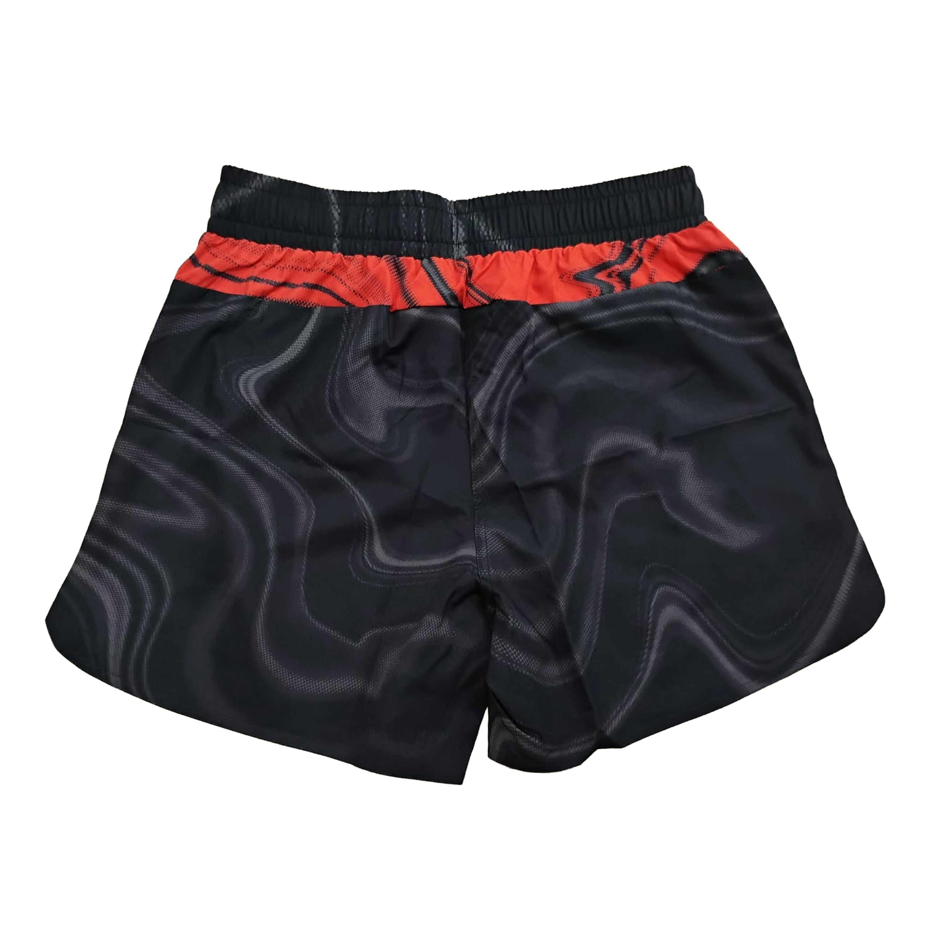 Black athletic shorts with a dark gray wavy pattern and a bright red elastic waistband, shown against a plain white background.