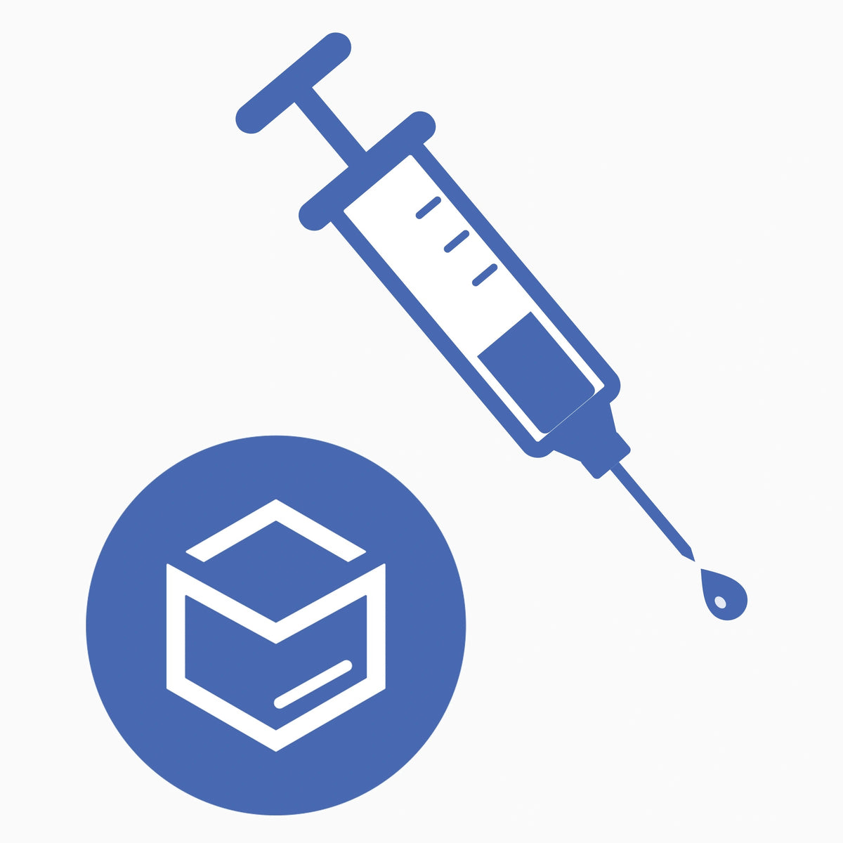 A blue line-art icon of a syringe above a blue circle containing a white box outline, on a light gray background.