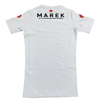 White short-sleeve athletic jersey shown from the back, featuring 'MAREK' in black text with a small red crest above it, and smaller black text reading 'ELITE PERFORMANCE DIVISION' below. Red crest logos are visible on both shoulders.